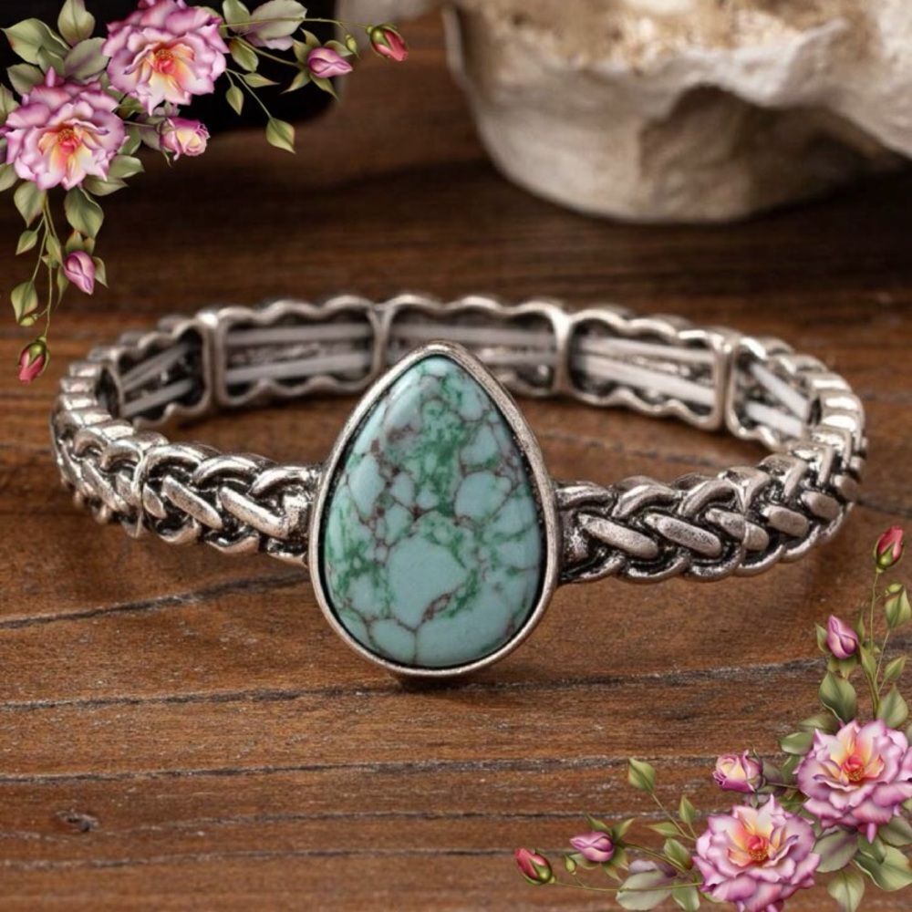 Retro Vintage Western Cowgirl Style Fake Turquoise Stone Cuff Bangle Bracelet‎
